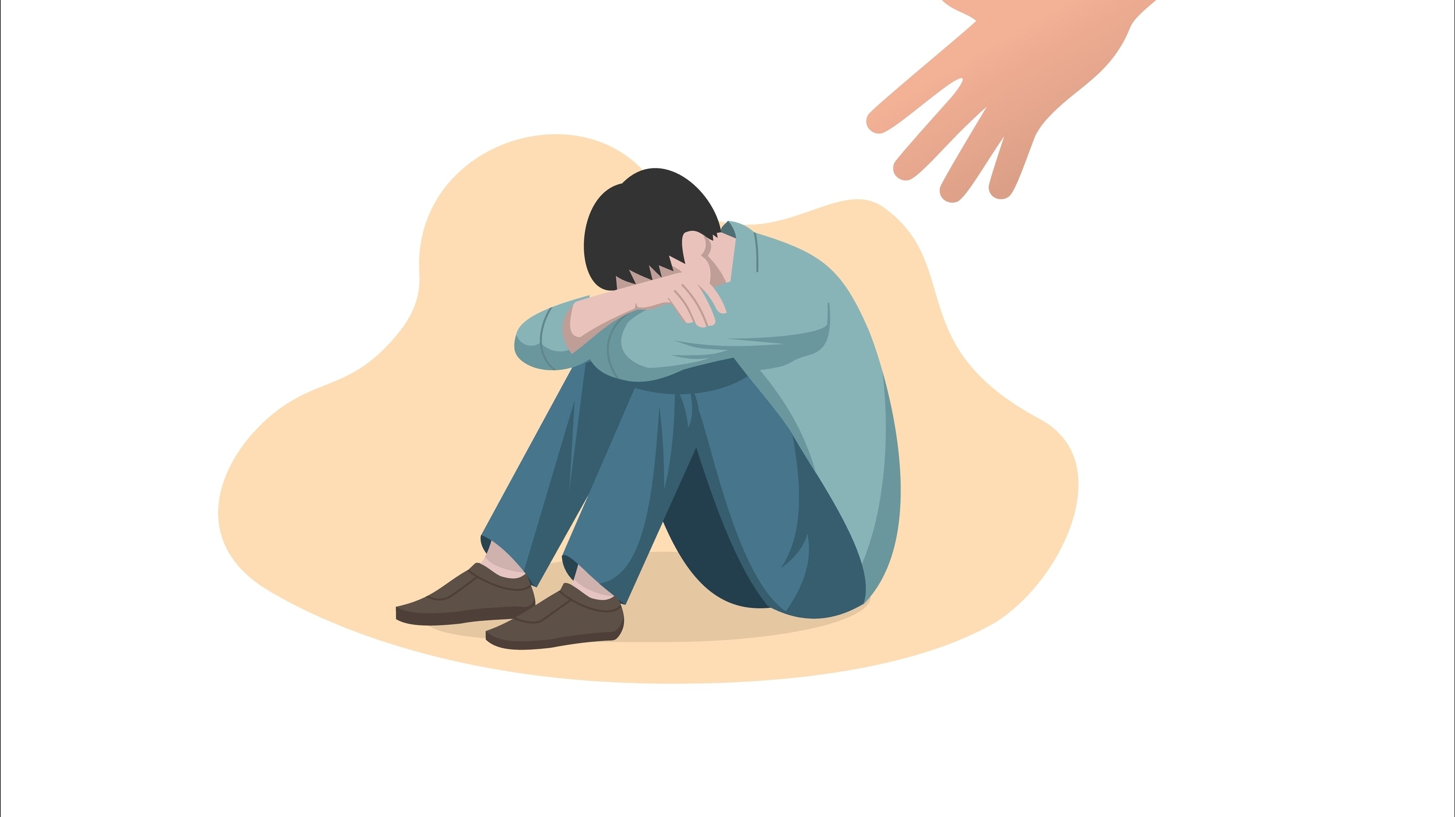 human hand reaching for man hunched over