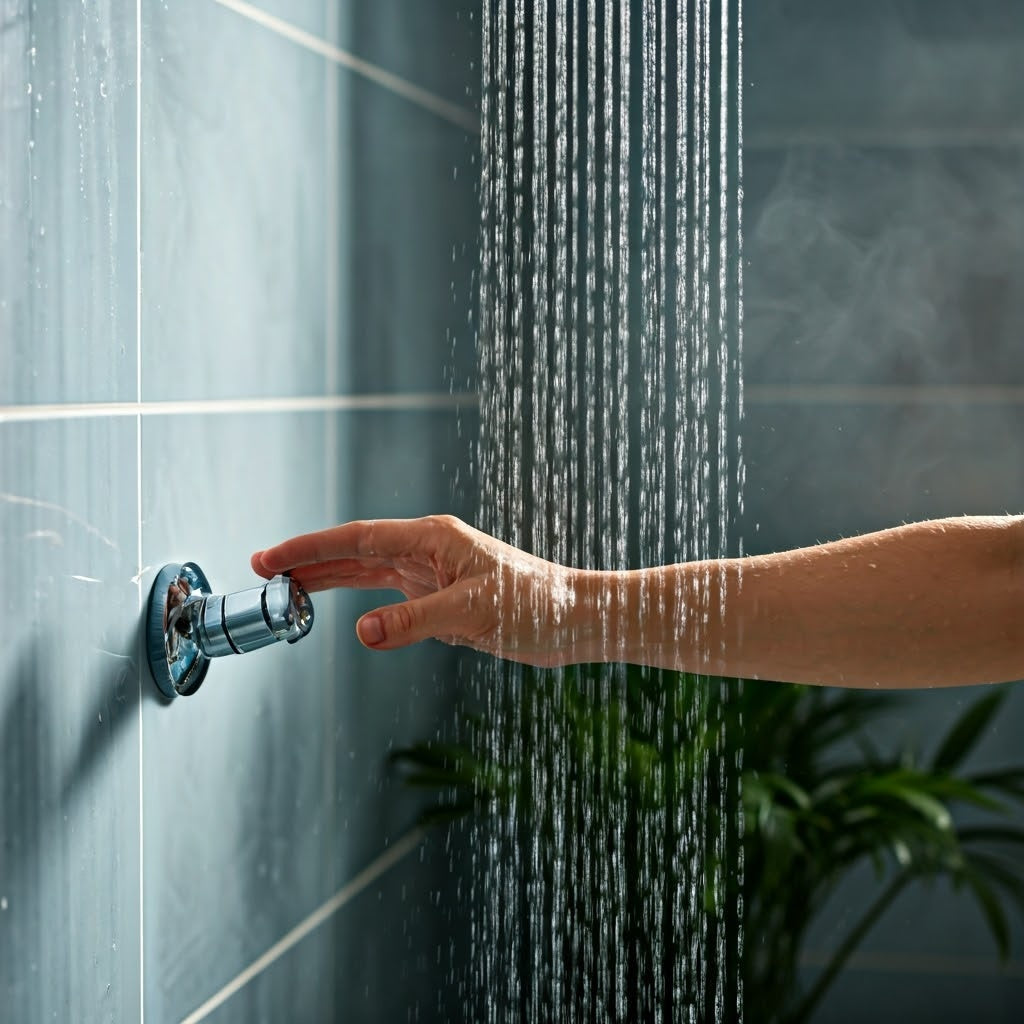 women turning on shower 