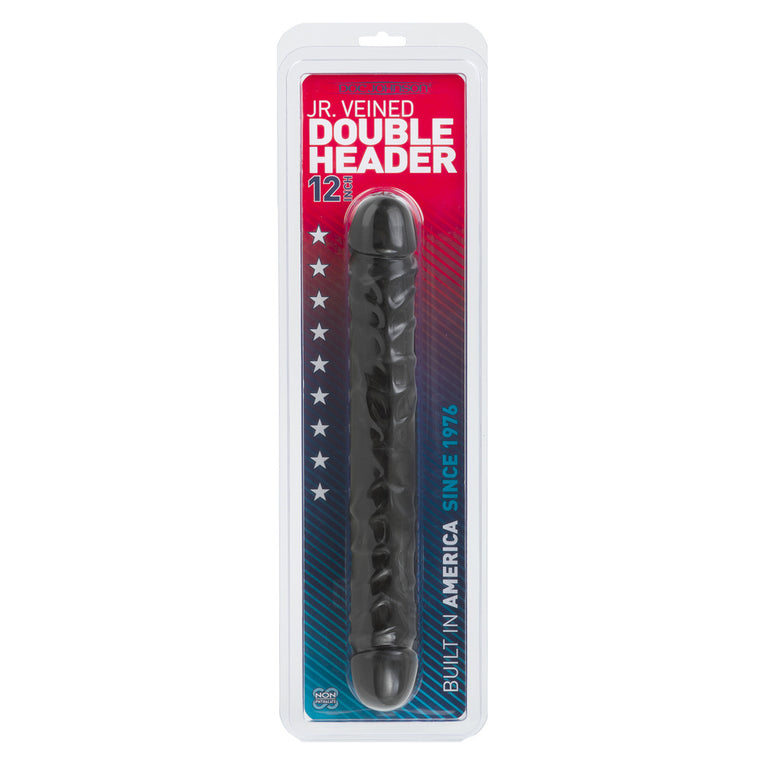 Black Jr Double Header 12 Dildo with Veined Texture and Flexible Design