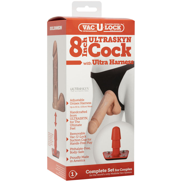 Ultra Harness with VacULock 8 Inch Realistic Dildo in Ultraskyn