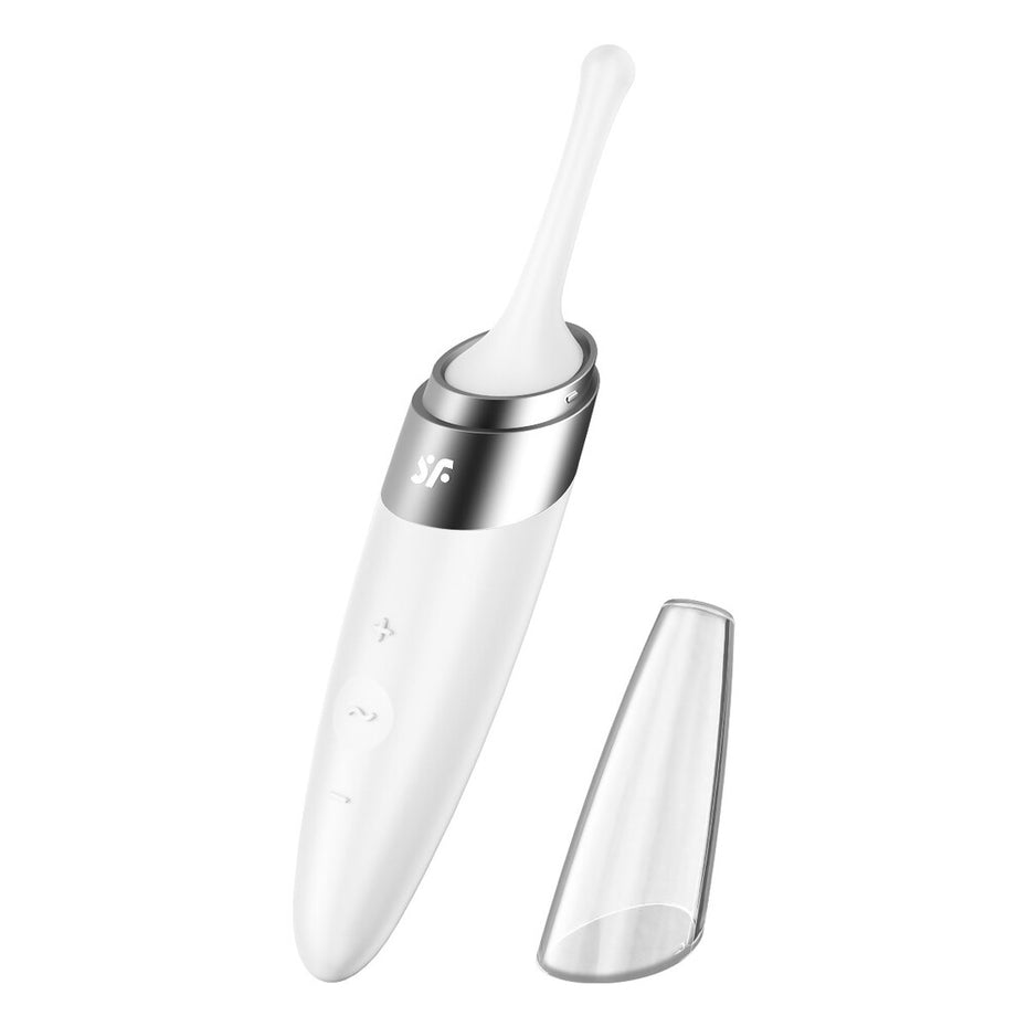 White Satisfyer Clit Stim with Twirling Motion.