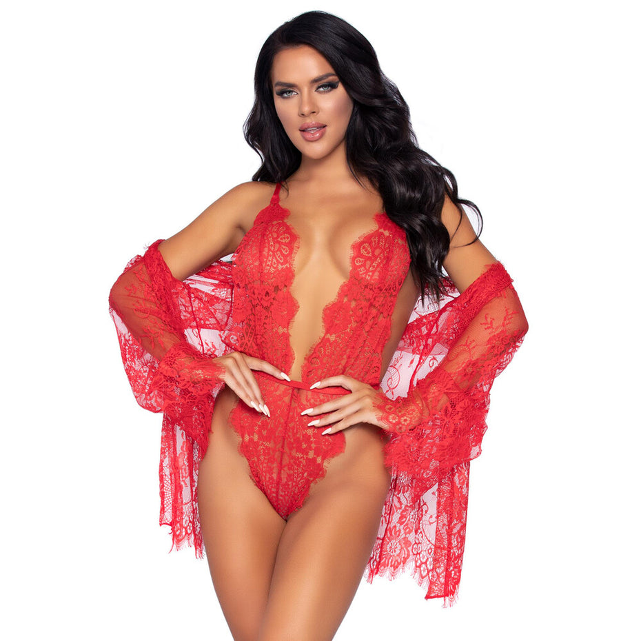 Red Floral Lace Teddy and Robe Set by Leg Avenue