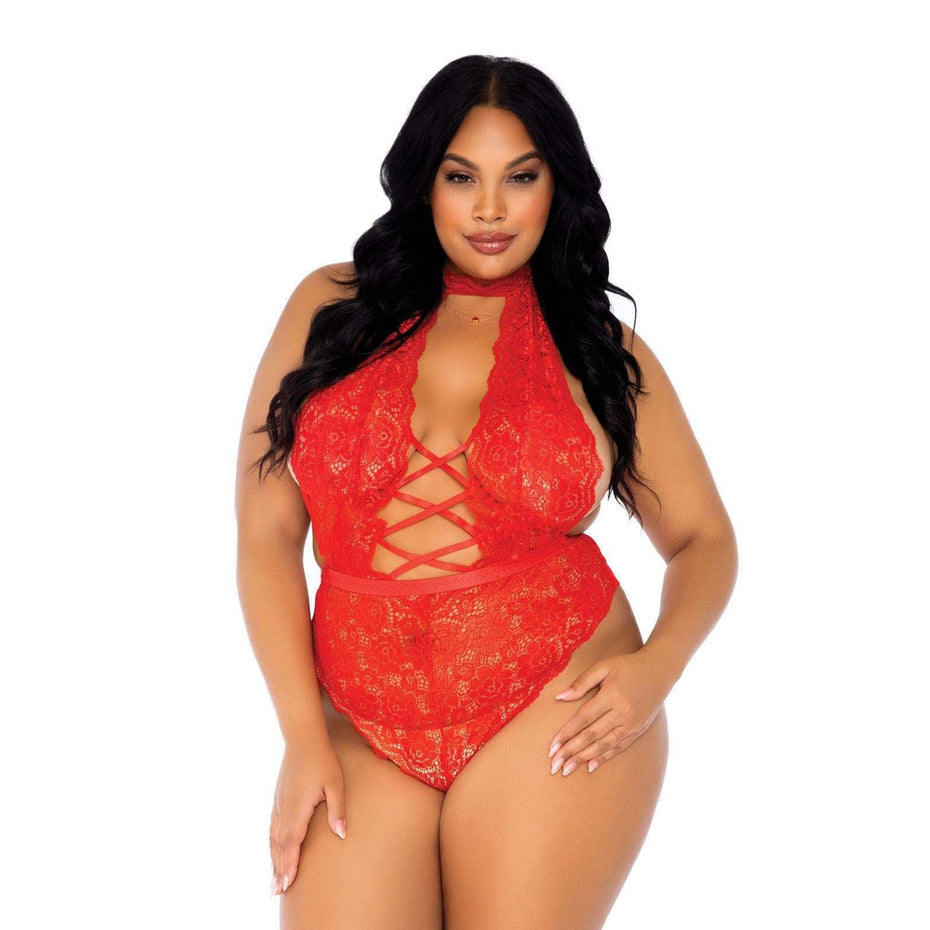 Red Crotchless Floral Lace Teddy (UK 18-22) by Leg Avenue.