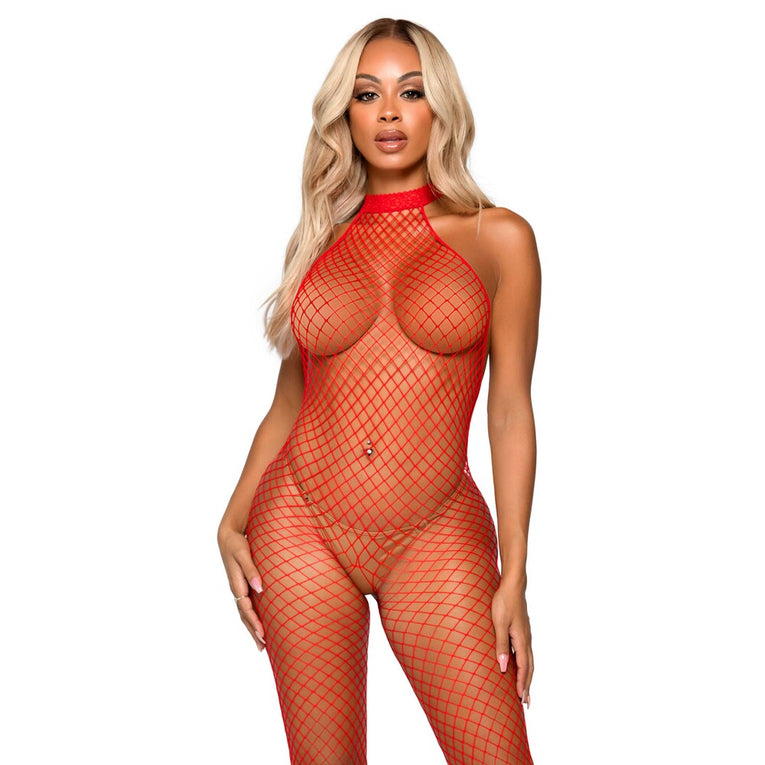 Red Racer Neck Bodystocking by Leg Avenue, fits UK 6-12.