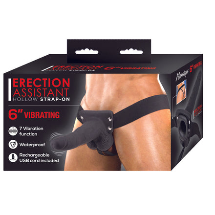 Vibrating Hollow Strap-On for Erection Assistance, 6 inch Black