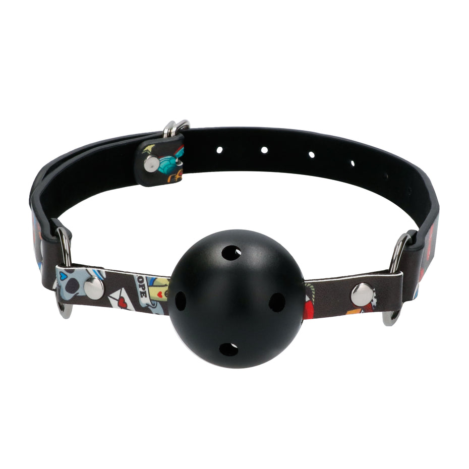 Printed Leather Strap Ball Gag with Breathable Design.
