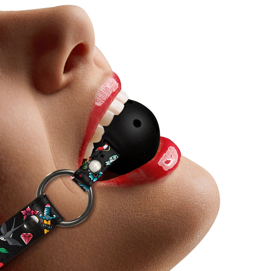 Printed Leather Strap Ball Gag with Breathable Design.