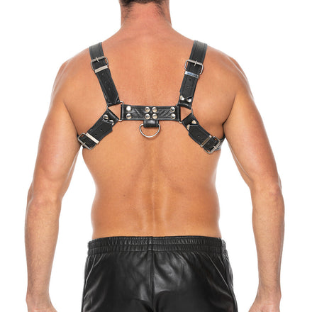 Large-XL Black Chest Harness for Bulldogs with Ouch Factor.