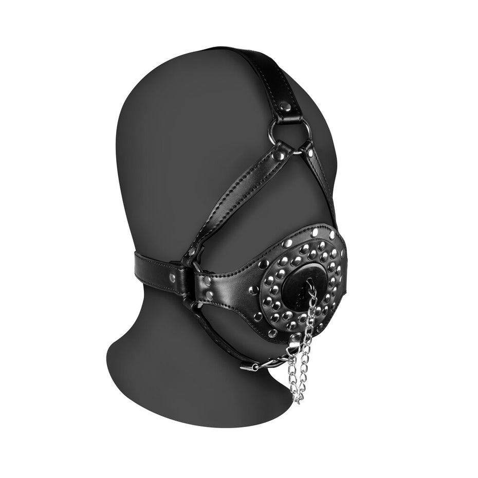 Head Harness with Open Mouth Gag and Plug Stopper