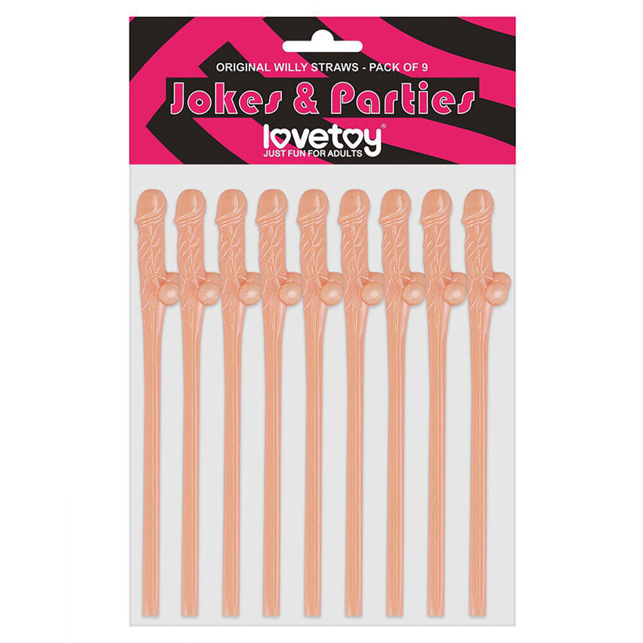 Pack of 9 Flesh Pink Willy Straws by Lovetoy.