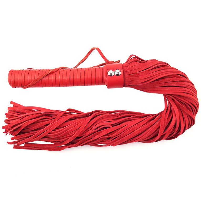 Red suede flogger by Rouge Garments.