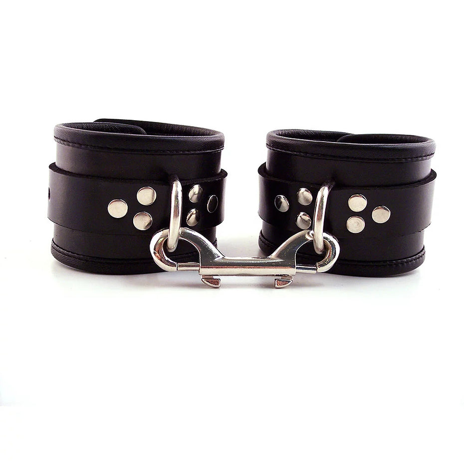 Black Leather Ankle Cuffs with Piping by Rouge Garments.