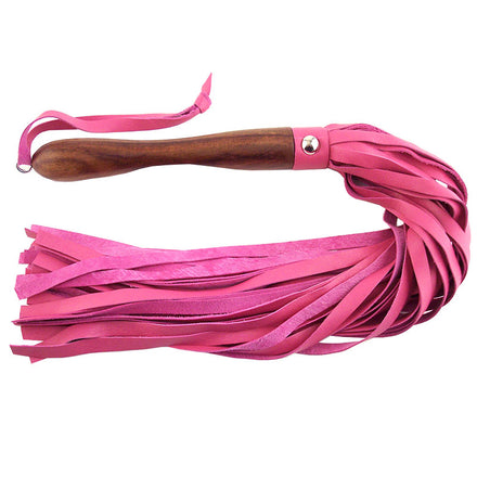 Pink Leather Flogger with Wooden Handle by Rouge Garments.